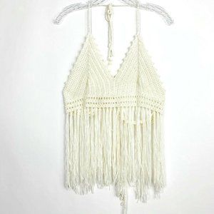 Mora Surf Knit Crochet Fringe Halter Top Tie Back
